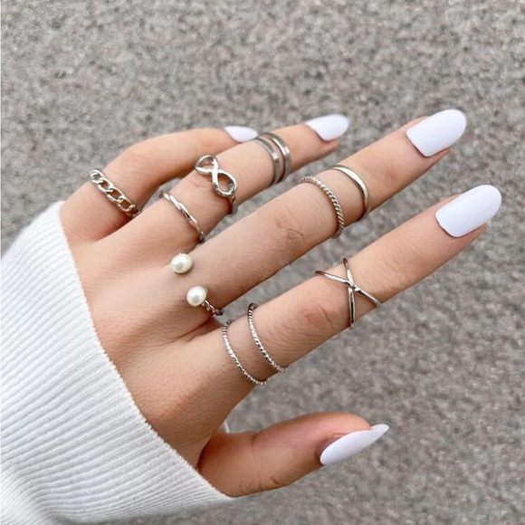 Jewelry - 9pcs Silver Pearl & Infinity Silver Ring Set